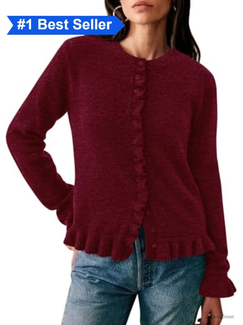 Ruffle Button Down Cropped Chunky Knit Cardigan Sweater Womens